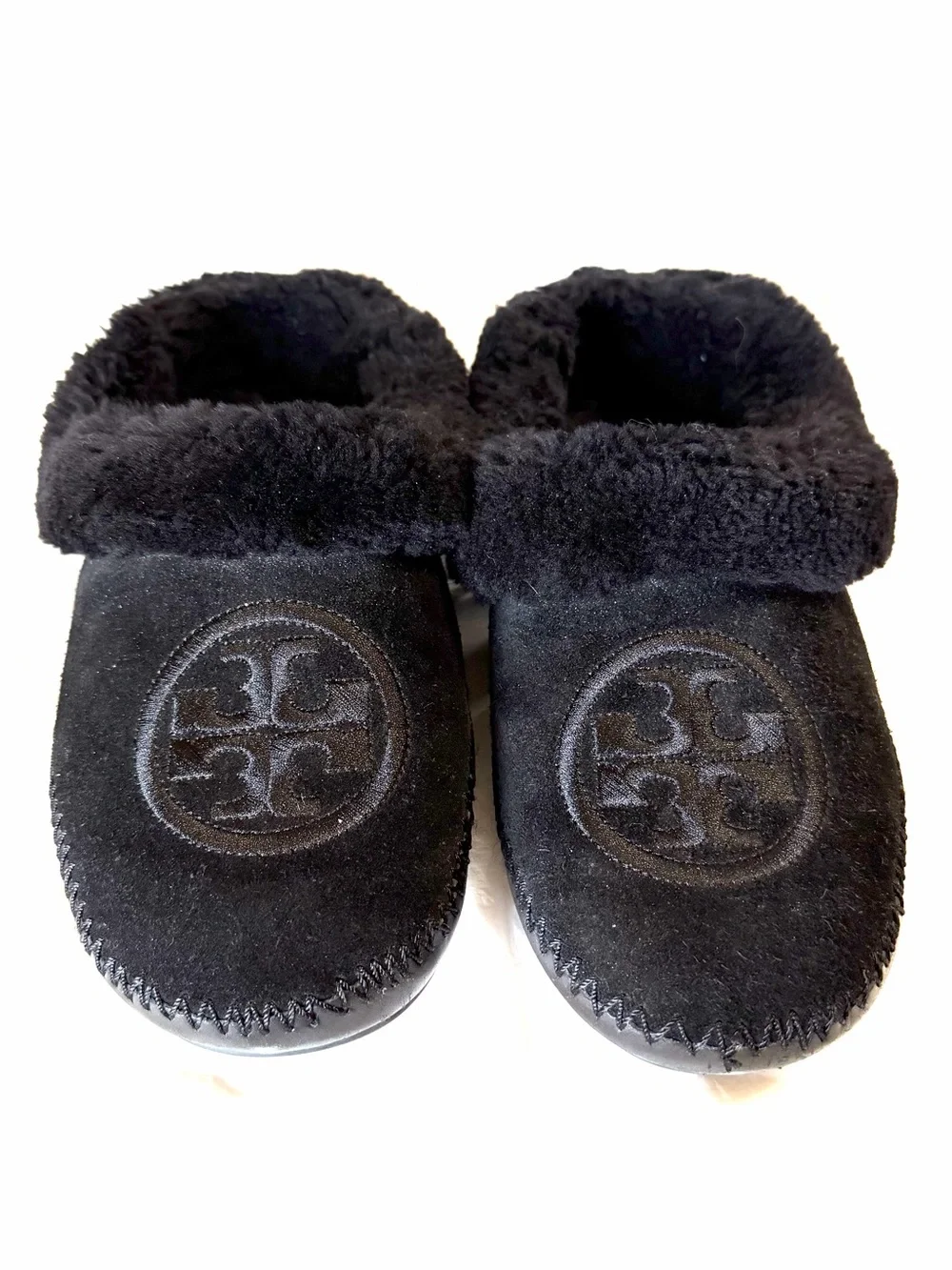 TORY BURCH Black Logo Coley Shearling Slippers Size 8